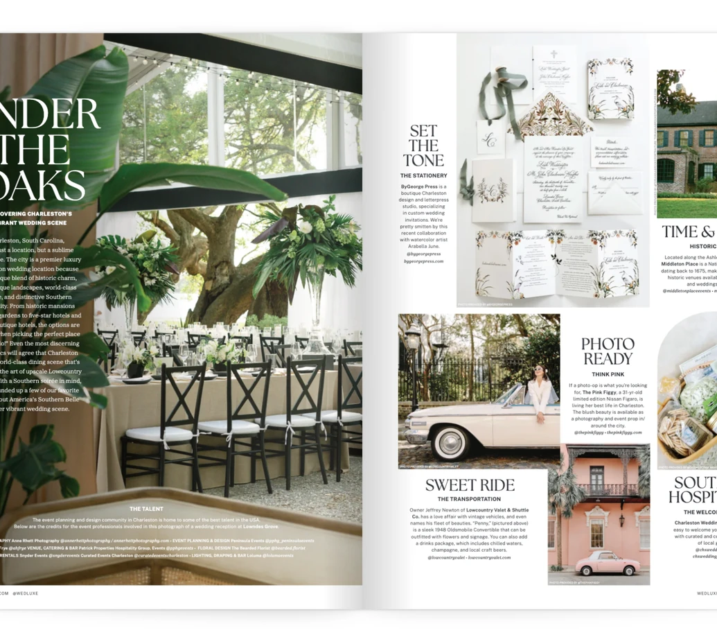 Under the Oaks Charleston print spread in WedLuxe Experiences Issue 01