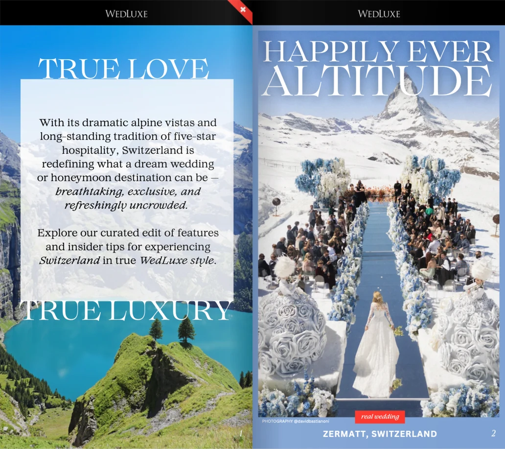 Switzerland Unveiled editorial spread featuring a Zermatt wedding